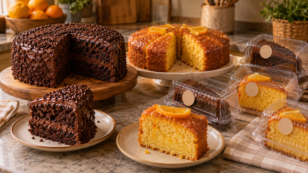 Fatias de bolo de chocolate e bolo de laranja embaladas individualmente para venda, ao lado dos bolos inteiros em uma cozinha doméstica.