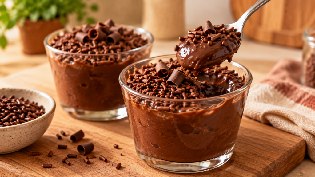Brigadeiro de colher em pote individual para acompanhar combo de marmita.