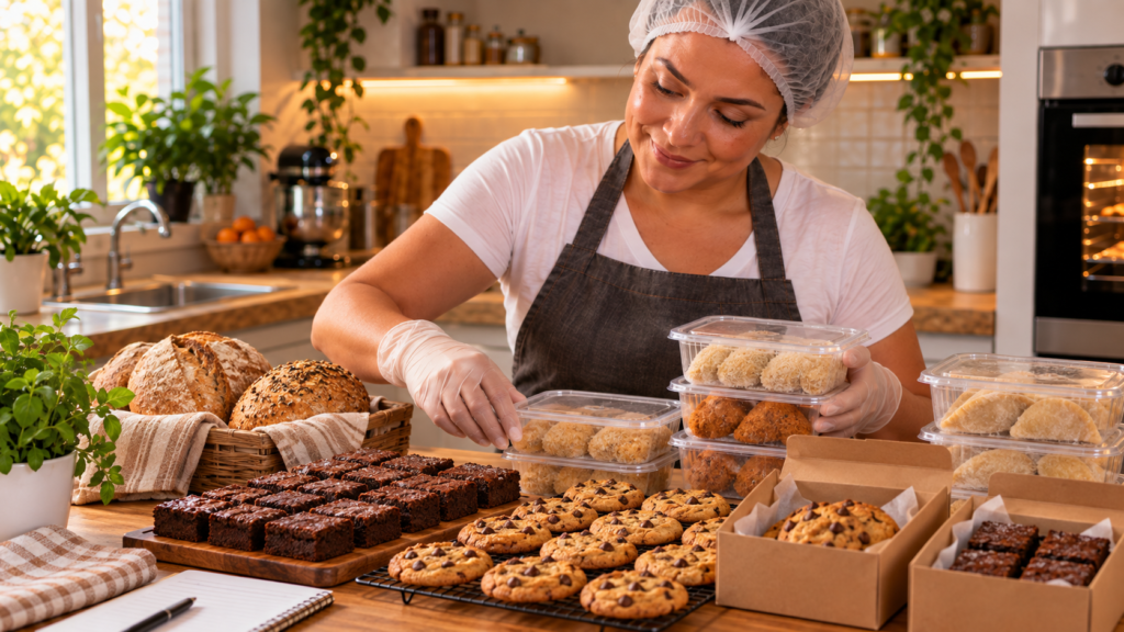 Mulher em cozinha organizada embalando brownies e cookies caseiros para venda, com produtos dispostos em caixas e recipientes.