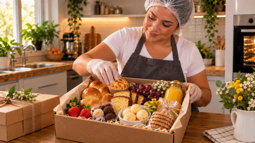 Mulher em cozinha organizada montando uma cesta de café da manhã com pães, bolo, frutas, doces, biscoitos e suco para venda.