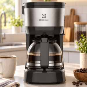 Cafeteira elétrica Electrolux ECM10 inox com jarra de vidro sobre bancada de cozinha