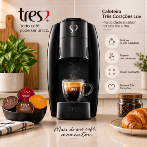 Cafeteira Três Corações Lov automática preta preparando café sobre bancada de cozinha