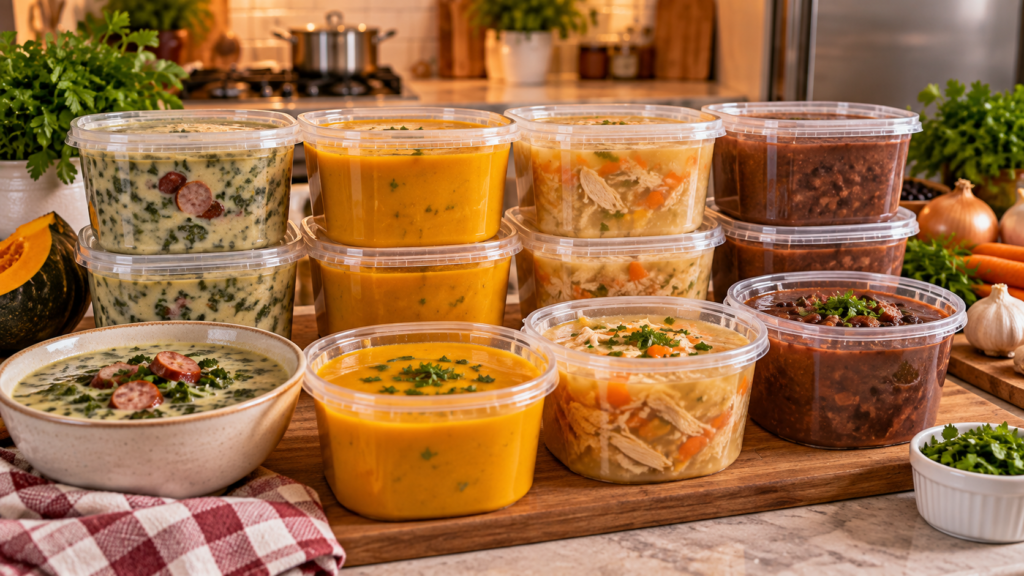 Potes com diferentes tipos de caldos e sopas caseiras preparados para venda, organizados em uma cozinha doméstica.