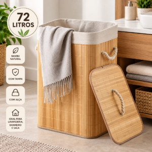 Cesto de roupa suja de bambu com tampa e alças laterais em ambiente de lavanderia ou banheiro