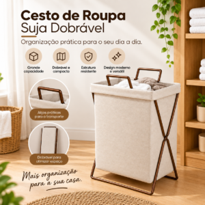 Cesto de roupa suja dobrável grande com estrutura metálica e alças em ambiente de lavanderia