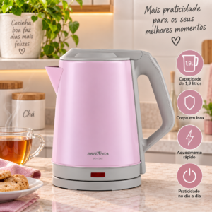 Chaleira elétrica Britânia BCH12RS rosa 1,9L inox sobre bancada de cozinha
