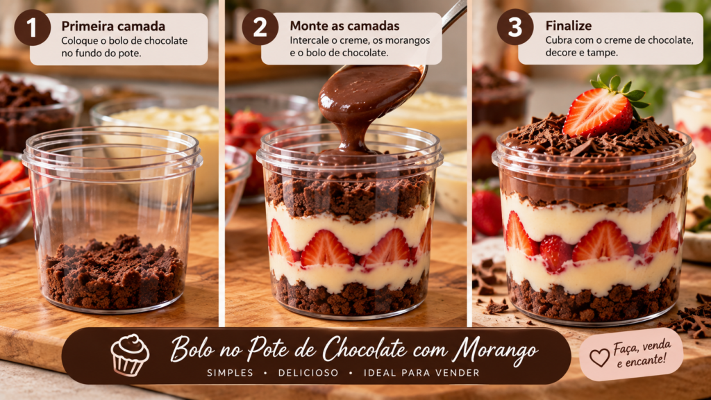 Passo a passo de como montar bolo no pote para vender, com camadas de bolo de chocolate, creme, morangos e cobertura de chocolate.