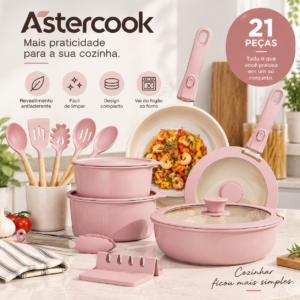Conjunto de panelas Astercook rosa com 21 peças, frigideiras, panelas e utensílios em bancada de cozinha