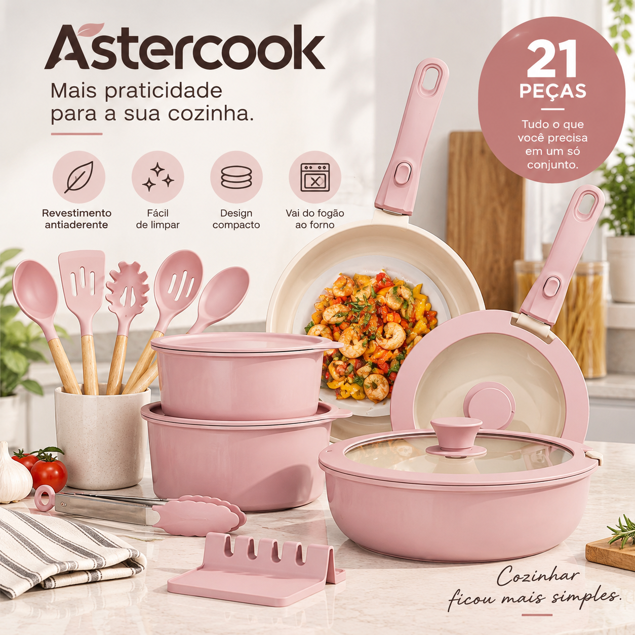Conjunto de panelas Astercook rosa com 21 peças, frigideiras, panelas e utensílios em bancada de cozinha