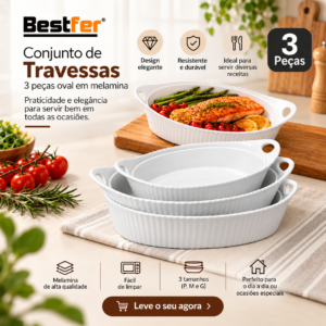 Conjunto de travessas Bestfer com 3 peças ovais em melamina branca sobre bancada de cozinha