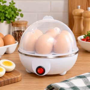 Cozedor de ovos elétrico branco com tampa transparente sobre bancada de cozinha