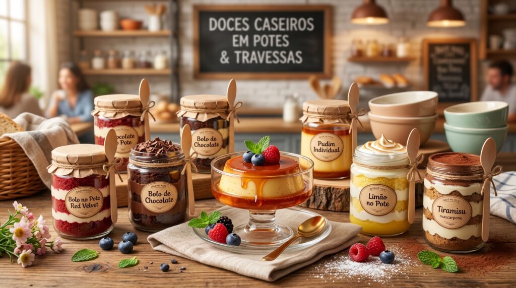 Variedade de doces no pote e sobremesas servidas em potes e travessas, como bolo no pote, pudim, tiramisù e sobremesas cremosas.