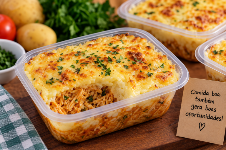 Escondidinho de frango com purê de batata para vender em marmita pronta