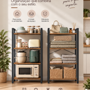 Estante VASAGLE 4 níveis com estrutura de aço e prateleiras em madeira rústica em ambiente moderno