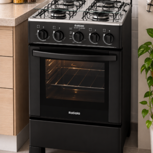 Fogão Itatiaia Star Clean 4 bocas 48L preto instalado em cozinha moderna
