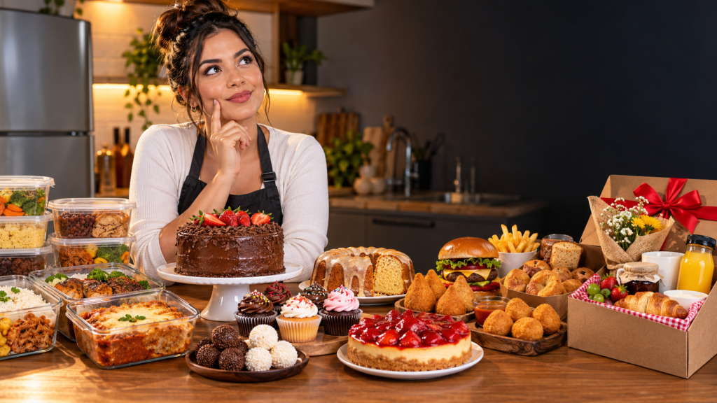 Mulher em cozinha organizada diante de diferentes opções de comida para vender em casa, como marmitas, bolos, doces, salgados, hambúrgueres e kits para presente.
