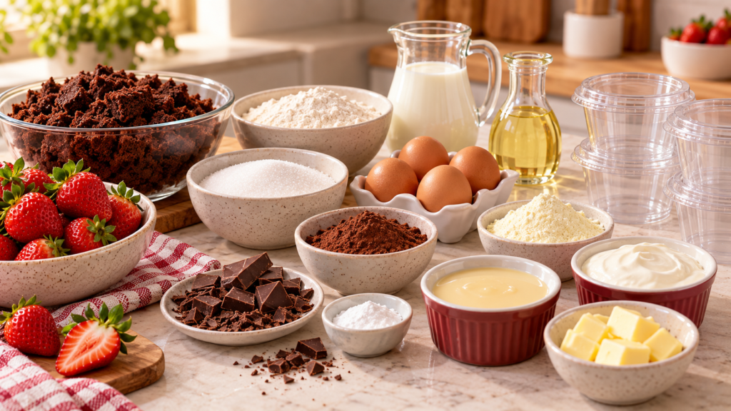 Ingredientes para bolo no pote de chocolate com morango, com morangos, chocolate, farinha, açúcar, ovos, leite, leite condensado, creme de leite e potes para montagem.