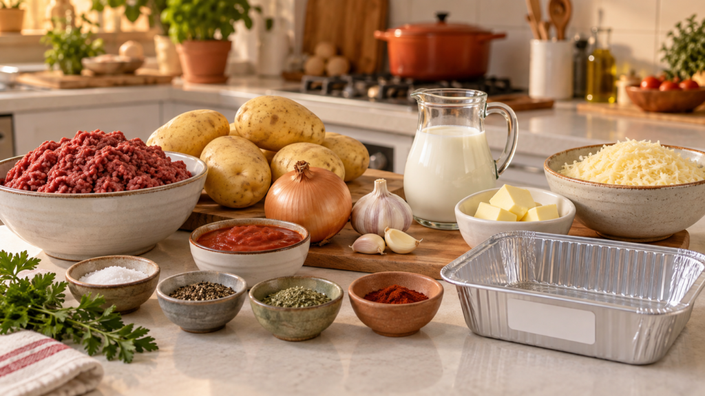 Ingredientes para escondidinho de carne para vender com batatas, carne moída, queijo, temperos e ingredientes para o purê.