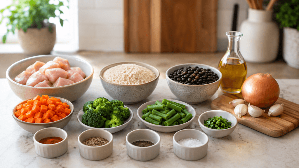 Ingredientes para marmita de frango com arroz, feijão e legumes para congelar.