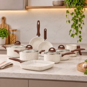 Jogo de panelas Brinox Smart Plus 8 peças Vanilla Ceramic Life sobre bancada de cozinha