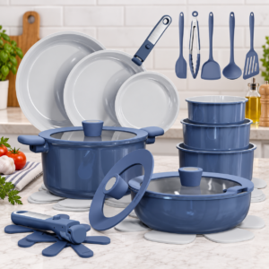 Jogo de panelas CAROTE 25 peças em cerâmica antiaderente azul para cozinha