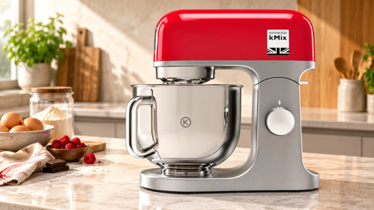 Kenwood kMix KMX750RD vermelha e prateada, com taça de aço inoxidável e controlo lateral de velocidade.
