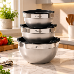 Kit 3 Tigelas Electrolux Aço Inox com tampas plásticas nos tamanhos 1,4L, 2L e 2,6L em cozinha moderna.