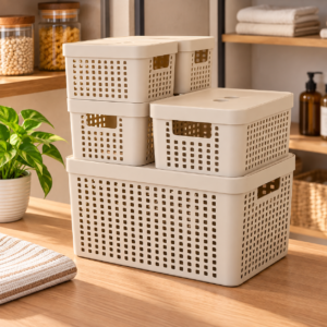 Kit 5 Caixas Organizadoras com Tampa em diferentes tamanhos na cor bege, ambientadas em espaço organizado.