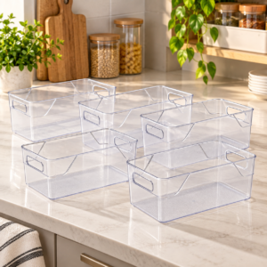Kit 6 Organizadores Acrílicos Multiuso transparentes para organização de geladeira, armário, cozinha e despensa.