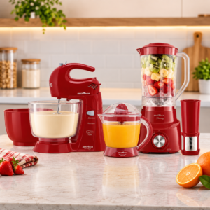 Kit Britânia Cozinha 3 em 1 com liquidificador, batedeira e espremedor vermelho sobre bancada de cozinha