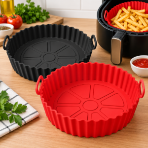 Kit formas de silicone para air fryer com 2 peças reutilizáveis vermelha e preta
