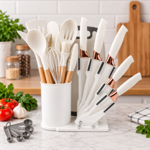 Kit utensílios de cozinha branco 19 peças com cabos de madeira, facas e suporte organizador