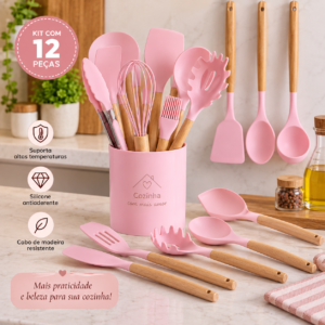Kit utensílios de silicone rosa 12 peças com cabos de madeira na cozinha