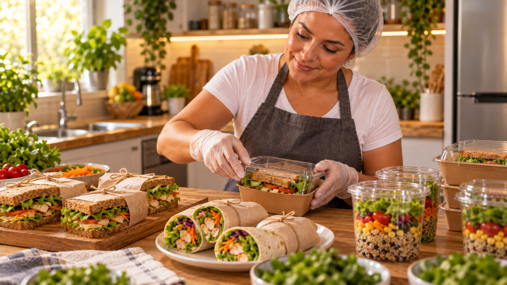 Mulher em cozinha organizada embalando lanches naturais, wraps e saladas no pote para venda, com opções fitness dispostas sobre a bancada.