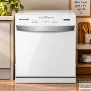 Lava-louças Brastemp BLF08BB 8 serviços branca instalada em cozinha moderna