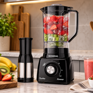 Liquidificador Mondial L-99 Turbo 550 W ambientado em cozinha moderna com frutas para preparo de bebidas.
