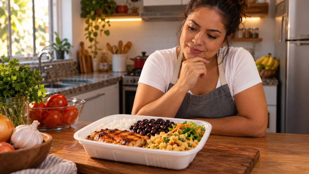 Mulher em cozinha doméstica observando uma marmita caseira com arroz, feijão, frango, farofa e salada, pronta para venda.
