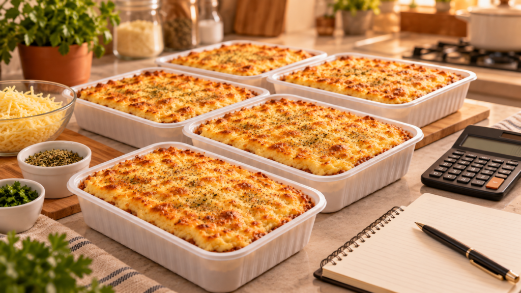 Marmitas de escondidinho de carne padronizadas para venda com calculadora e caderno de custos.