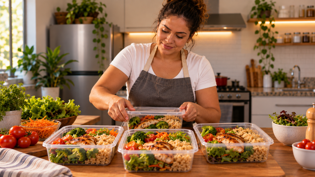 Mulher em cozinha organizada preparando marmitas fitness com frango grelhado, arroz, brócolis, tomate e salada para venda.