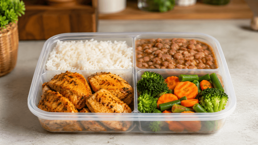 Marmita de Frango para Congelar com Arroz, Feijão e Legumes