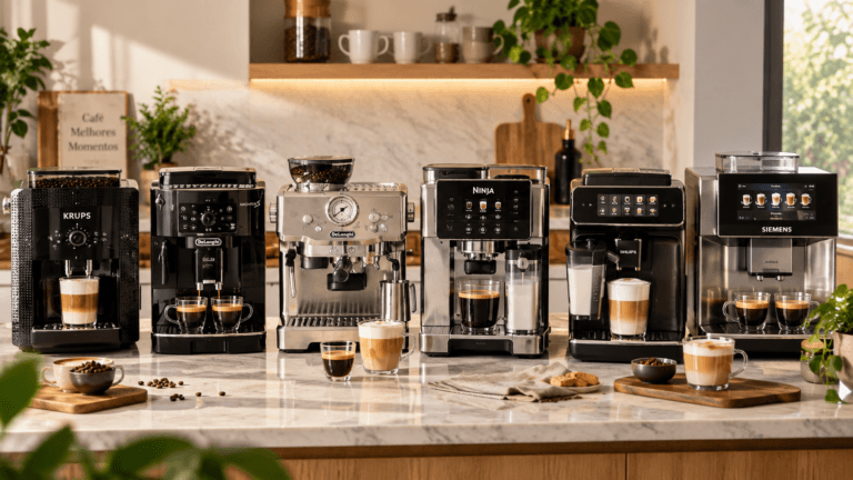 Melhores máquinas de café expresso em Portugal reunidas em cozinha moderna para comparativo de 2026.