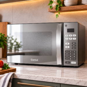 Micro-ondas Consul CM020BF 20 Litros espelhado em inox e cinza ambientado em cozinha moderna.