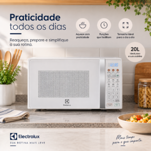 Micro-ondas Electrolux 20L branco MTO30 sobre bancada de cozinha moderna