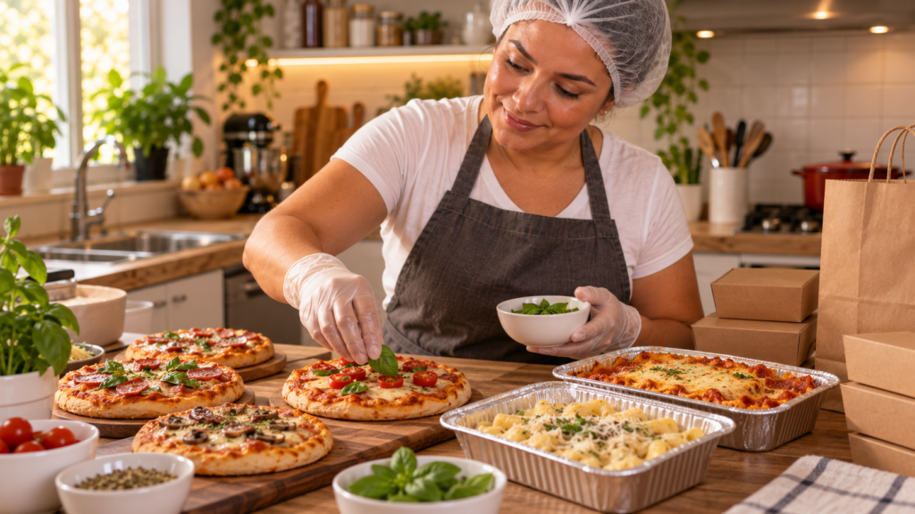 Mulher em cozinha organizada finalizando mini pizzas e massas em embalagens para delivery, com pedidos preparados para venda.