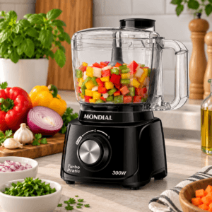 Mini Processador Mondial Turbo Pratic 300W em bancada de cozinha