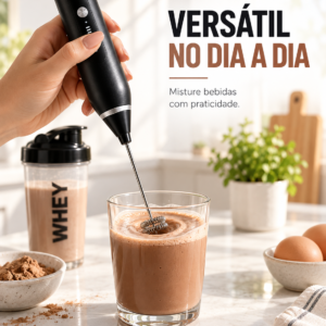 Mixer portátil elétrico sendo usado para misturar bebida cremosa em copo sobre bancada de cozinha