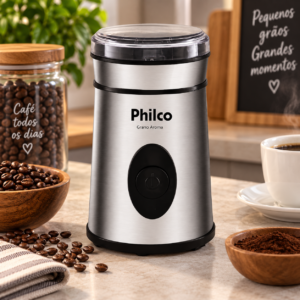 Moedor de café Philco Grano Aroma 50g 200W inox sobre bancada de cozinha