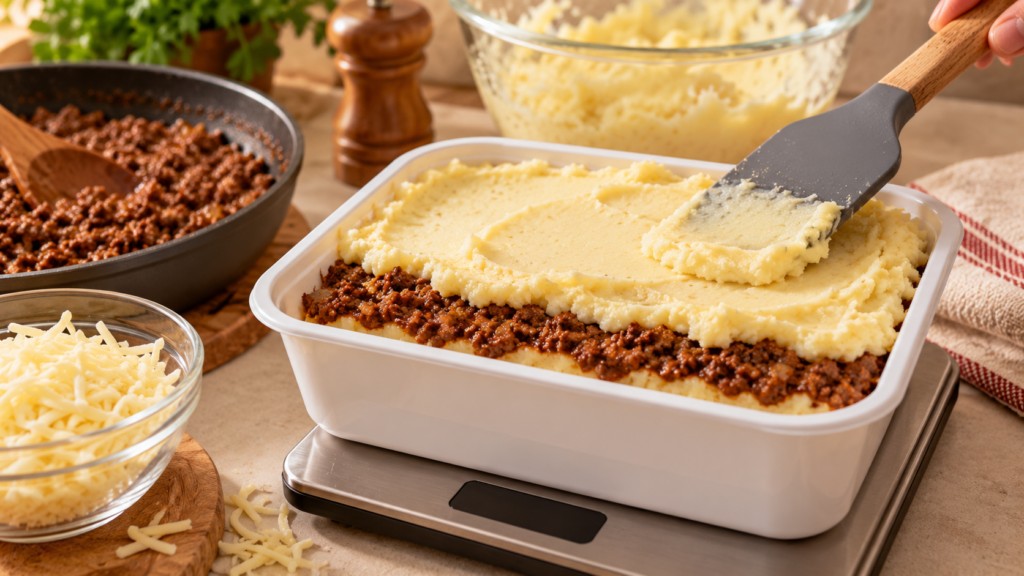 Montagem de escondidinho de carne em marmita com purê, recheio de carne moída e queijo.
