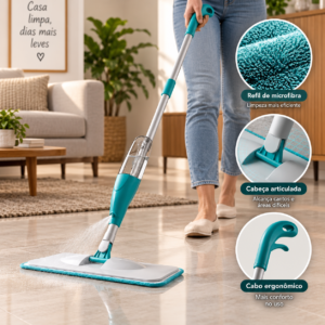 Mop spray com reservatório sendo utilizado na limpeza do piso de uma sala