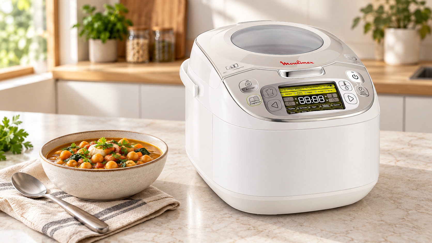 Moulinex Maxichef Advance MK8121 branco e prateado, com tampa fechada e painel frontal, numa bancada de cozinha.